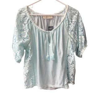 NWT Abercrombie & Fitch Peasant Top Womens Large Light Blue Lace Sleeve Tassel